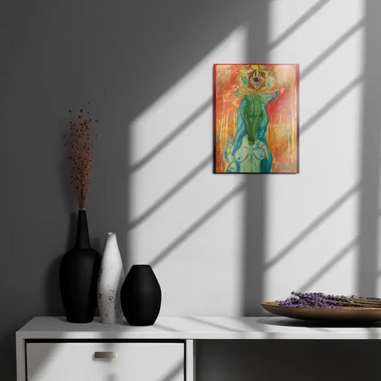 Abstract painting of a figure in green and blue tones against a reddish-orange backdrop in The Priestess Enigma Metal Print by Matthew Dye, showcasing enchanting allure