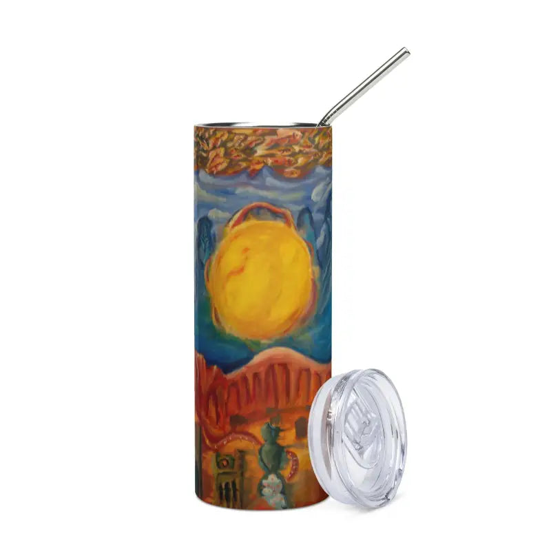 Insulated stainless steel tumbler featuring cosmic art with desert landscape and cacti