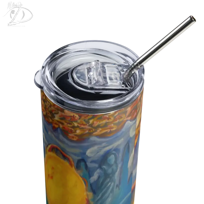 Colorful stainless steel tumbler with cosmic art and clear lid, featuring metal straw