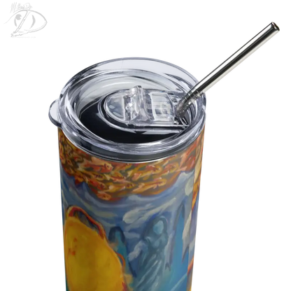 Colorful stainless steel tumbler with cosmic art and clear lid, featuring metal straw