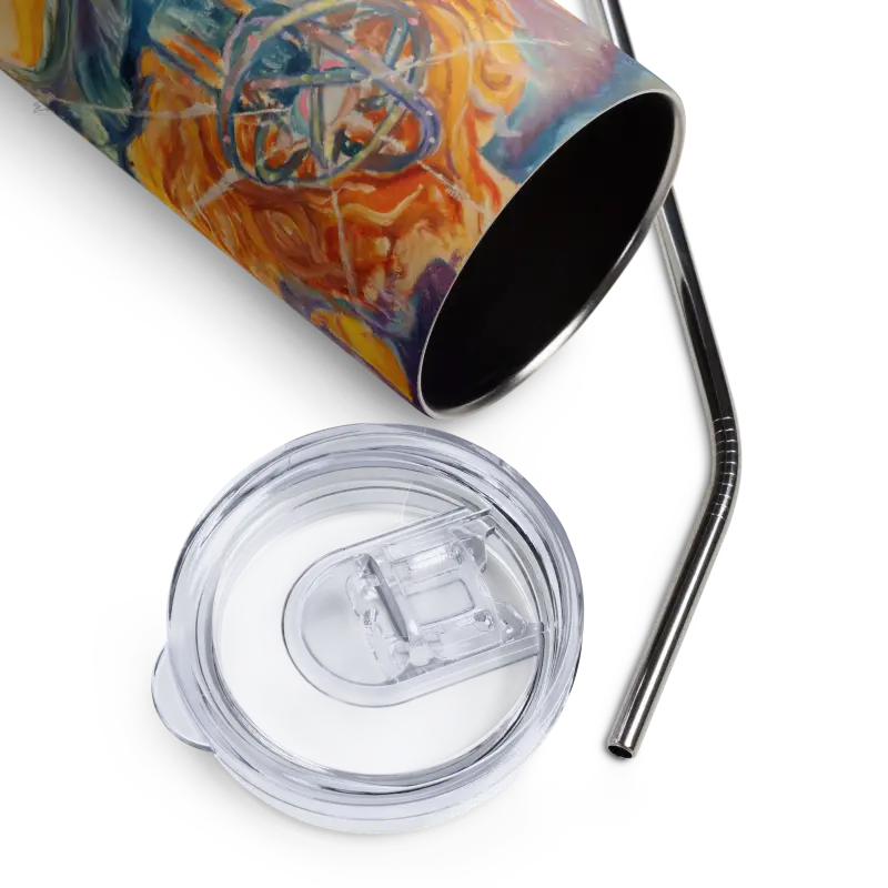 Colorfully graffiti-patterned stainless steel tumbler with cosmic art and a metal straw