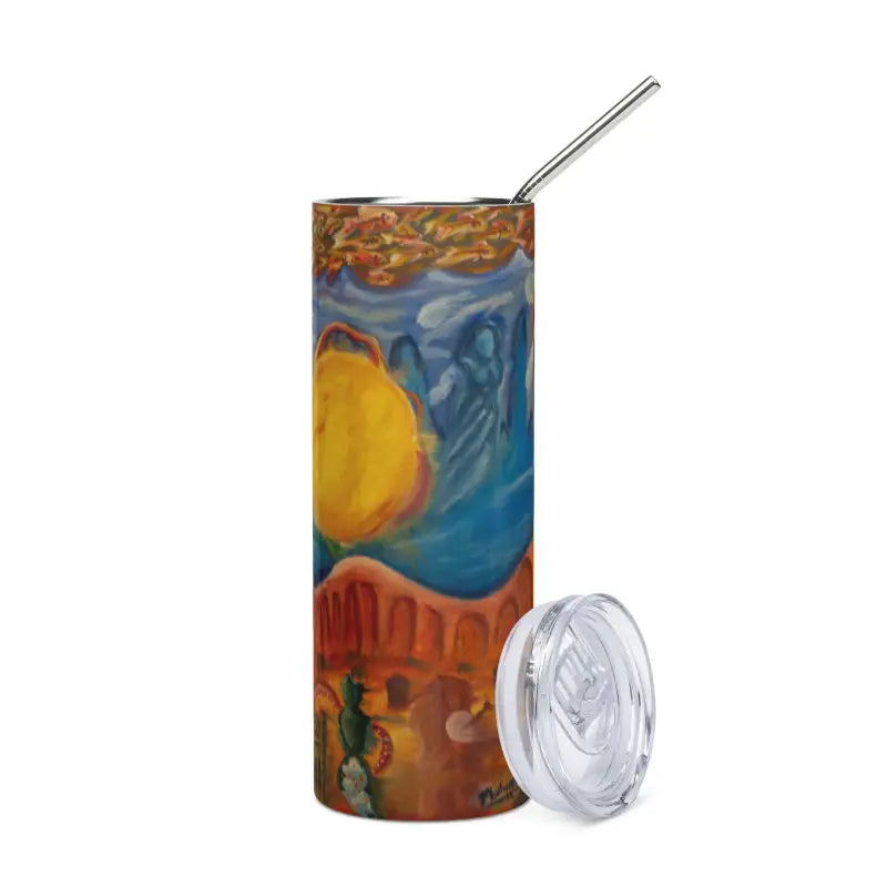 Colorful stainless steel tumbler featuring cosmic art with desert landscape design