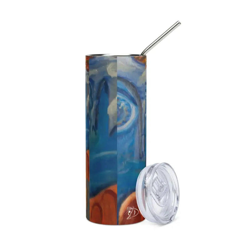 Tall blue stainless steel tumbler with cosmic art and metal straw, featuring a clear lid