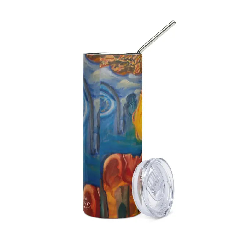 Colorful stainless steel tumbler with cosmic art design and clear lid featuring abstract imagery