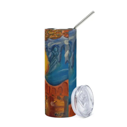 Cylindrical stainless steel tumbler featuring cosmic art and a metal straw design