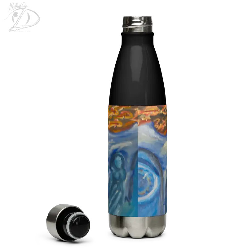 Stainless steel tumbler featuring artistic blue and orange cosmic art design