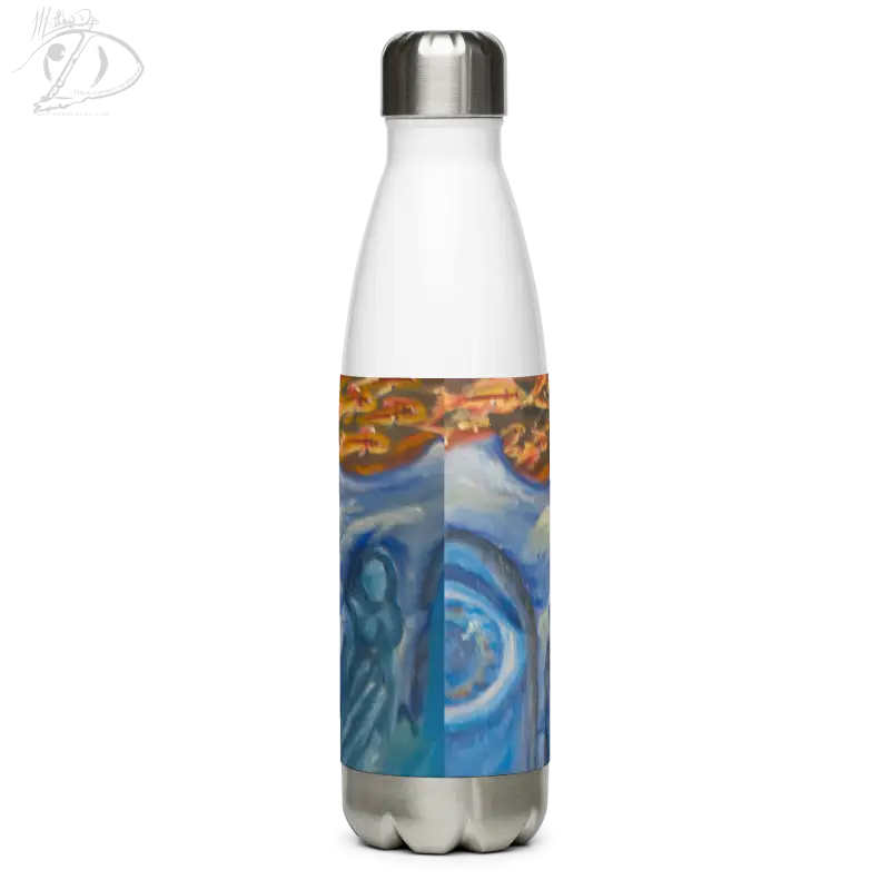 Stainless steel tumbler featuring a cosmic blue and orange design by Matthew Dye Art