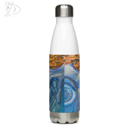 Stainless steel tumbler featuring a cosmic blue and orange design by Matthew Dye Art