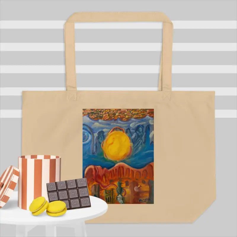 Beige organic cotton tote bag with artistic sun and landscape design