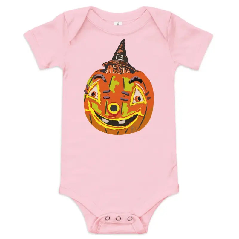 Smiling Jack-o’-Lantern in a witch hat on a pink Pumpkin Witch Baby Onesie