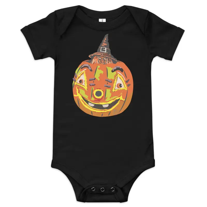 Black baby onesie featuring a smiling pumpkin witch design for whimsical dreams