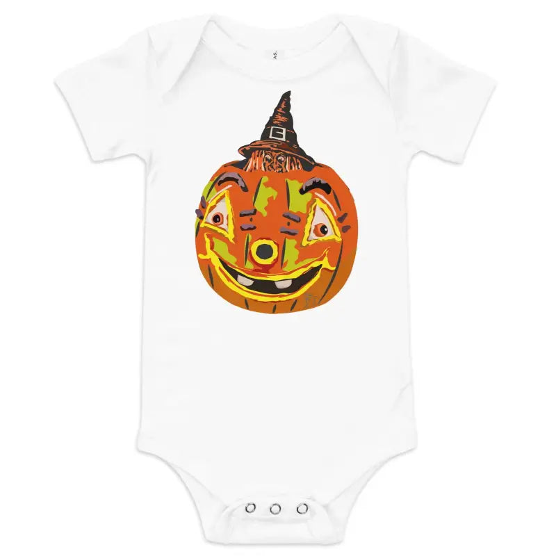 White baby onesie featuring a smiling pumpkin witch, perfect for witch baby outfits