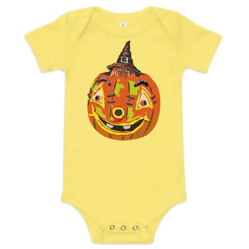 Smiling jack-o’-lantern in a witch hat on a yellow Pumpkin Witch Baby Onesie