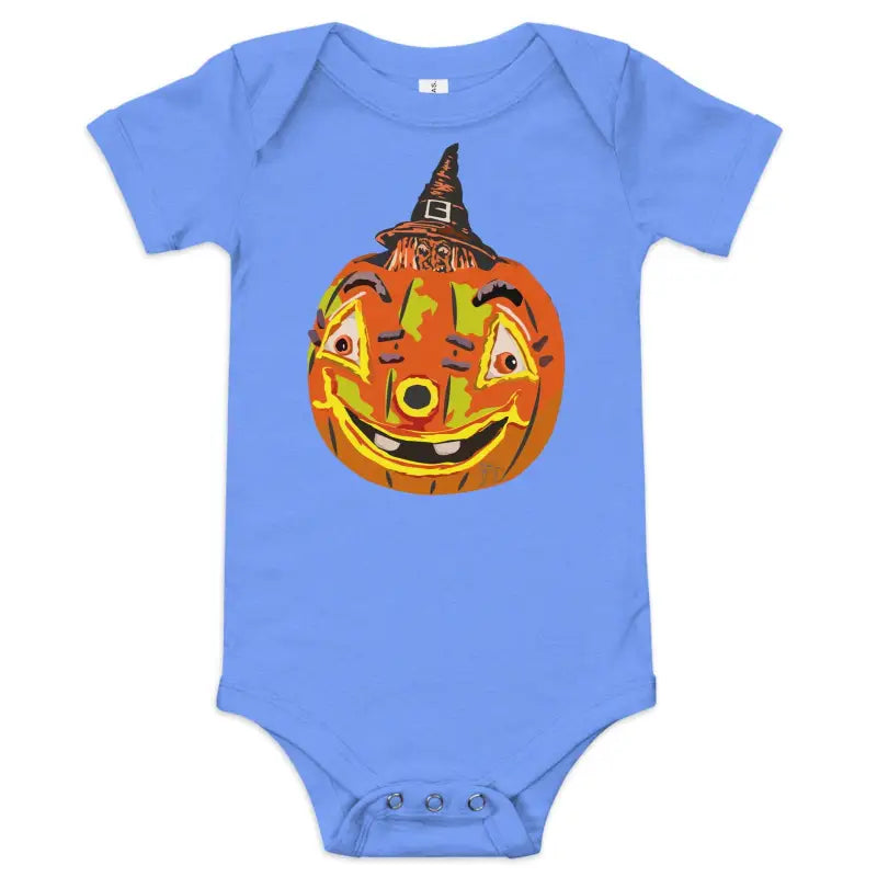 Light blue Pumpkin Witch baby onesie with a smiling jack-o’-lantern design