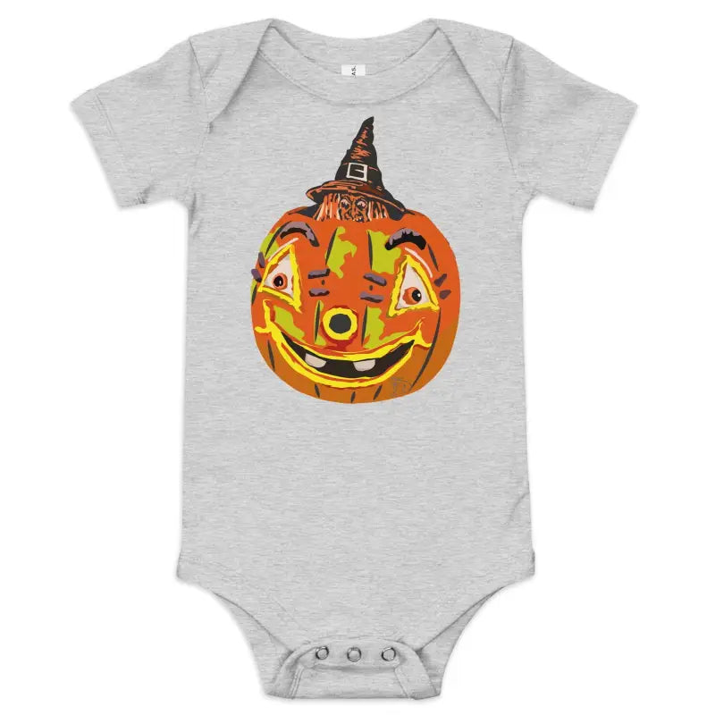 Smiling jack-o’-lantern in a witch hat on a whimsical pumpkin witch baby onesie