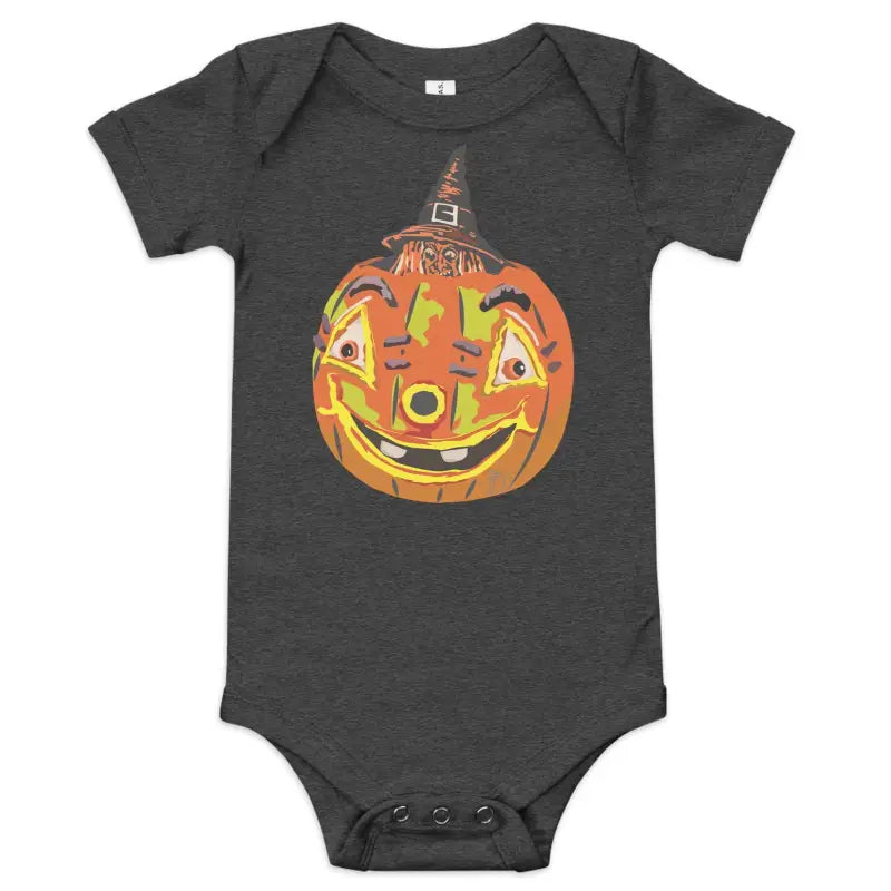 Dark gray pumpkin witch baby onesie with a smiling jack-o’-lantern and witch hat design