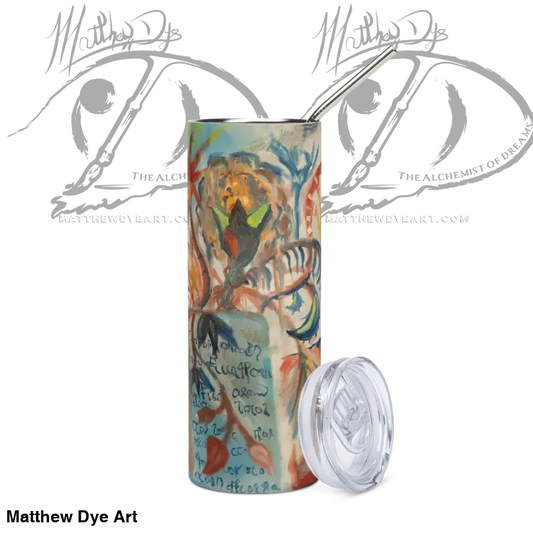 Colorful Voynich Stainless Steel Tumbler by Matthew Dye Art with straw and clear lid