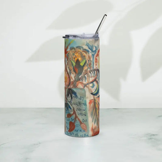 Colorfully decorated Voynich Stainless Steel Tumbler by Matthew Dye Art with straw