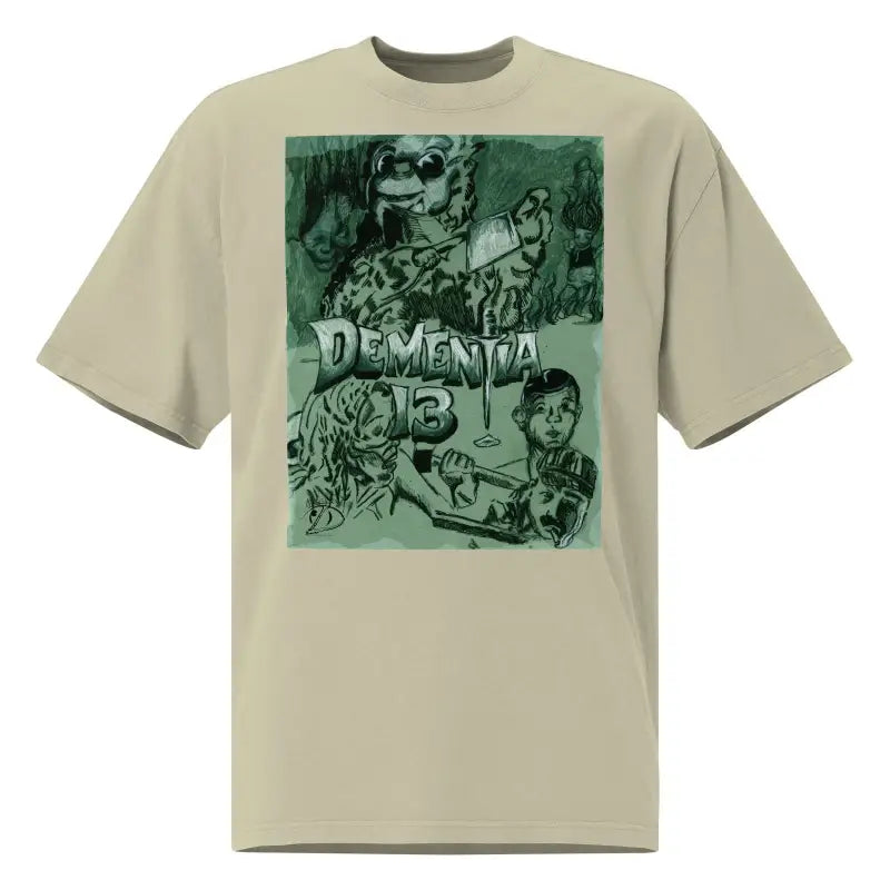 Beige horror tee with dark green DEMENTIA 13 graphic design for classic style enthusiasts