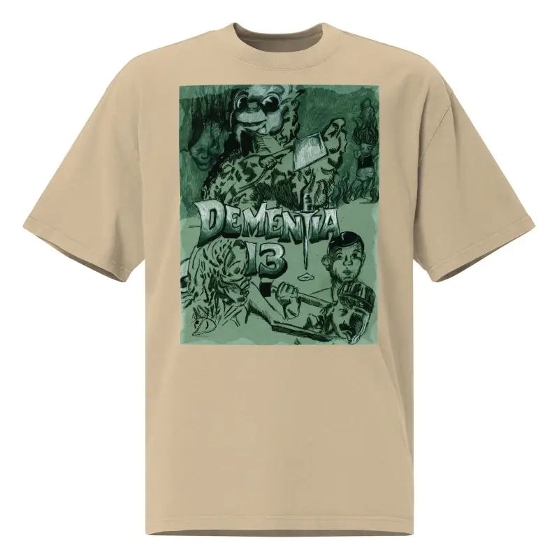 Beige horror tee featuring Dementia 13 graphic design on a unisex oversized shirt