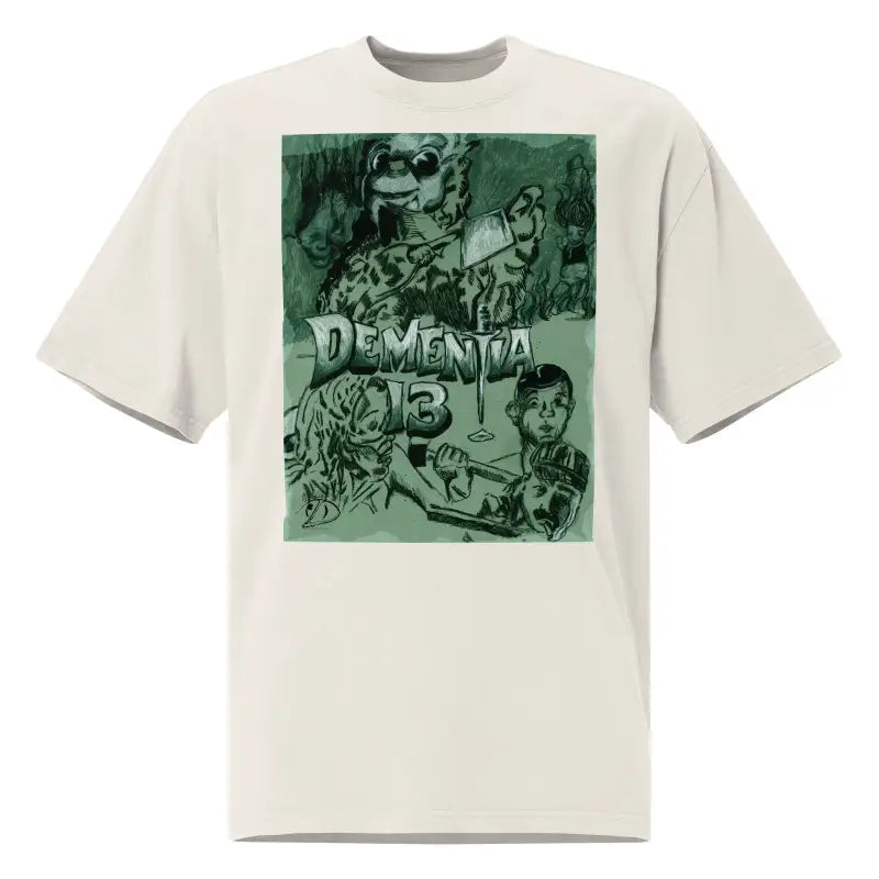 Cream-colored horror tee with green graphic and illustrations inspired by Dementia 13