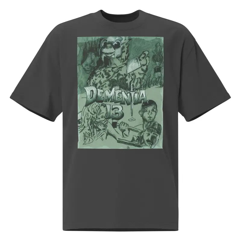 Dark gray horror tee with green graphic and Dementia text in comic-style artwork