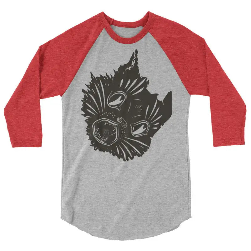 Red and gray fantasy baseball raglan featuring a fierce feline fantasy fish head design