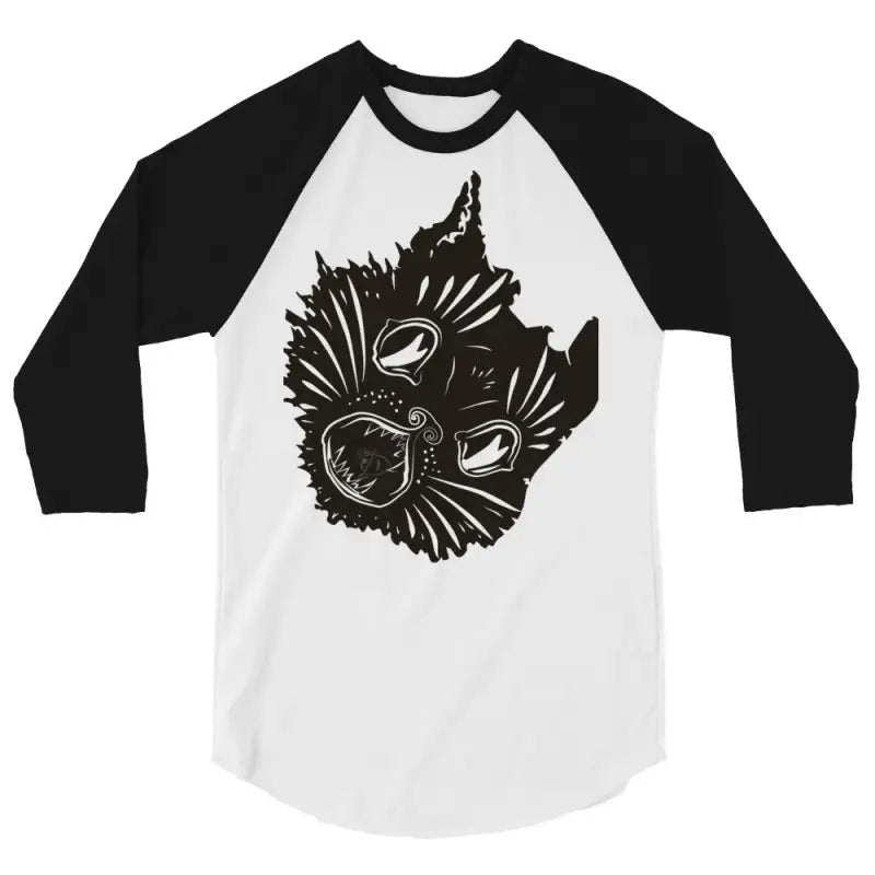 Black and white raglan t-shirt featuring Fierce Feline Fantasy cat face design