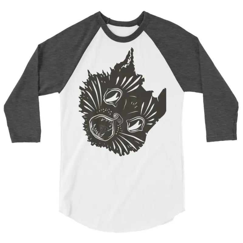 Fierce Feline Fantasy Raglan featuring a black cat face design on white fabric