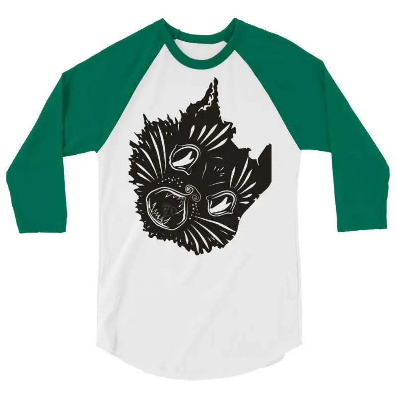 Fierce Feline Fantasy Raglan featuring black cat face design on white fabric with green sleeves