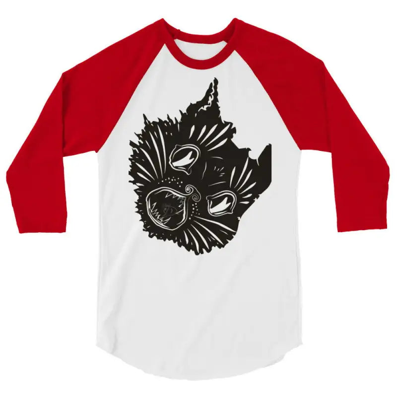 Fierce Feline Fantasy Baseball Raglan features a black cat face design on white fabric