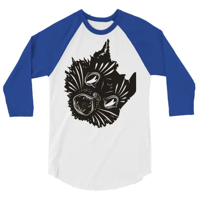 Fierce Feline Fantasy Raglan features blue sleeves and a black cat face design on white