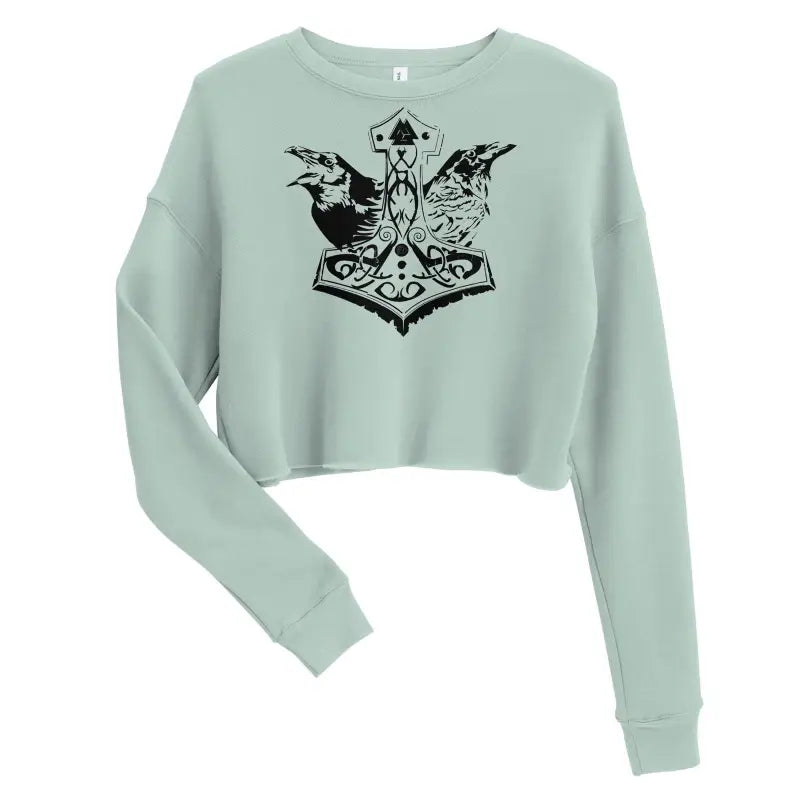 Mint green cropped sweatshirt with Norse mythology Thor hammer and ravens design