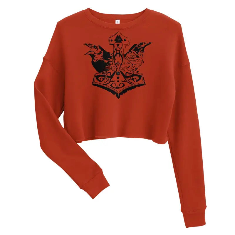 Red cropped sweatshirt with black Thor hammer design, embodying Norse mythology and Viking strength