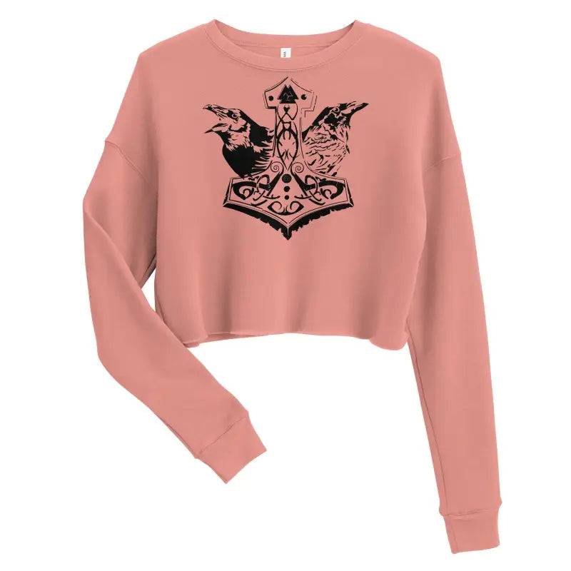 Pink cropped sweatshirt featuring a black Thor hammer design inspired by Norse mythology