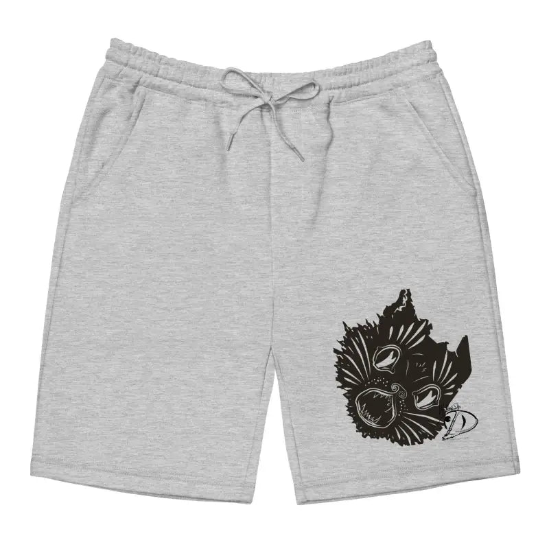 Gray athletic shorts featuring a black tribal fish design for cozy Halloween comfort from Ah Kitty