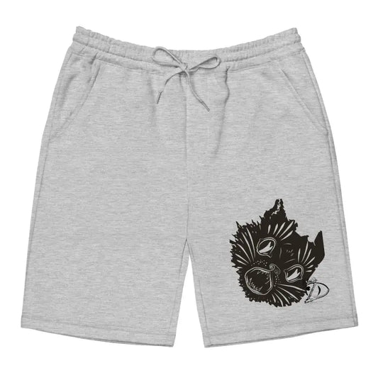 Gray athletic shorts featuring a black tribal fish design for cozy Halloween comfort from Ah Kitty