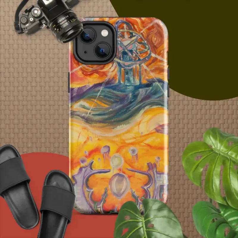 Colorful artistic tough case featuring dancing figures in cosmic orange, purple, and blue swirls