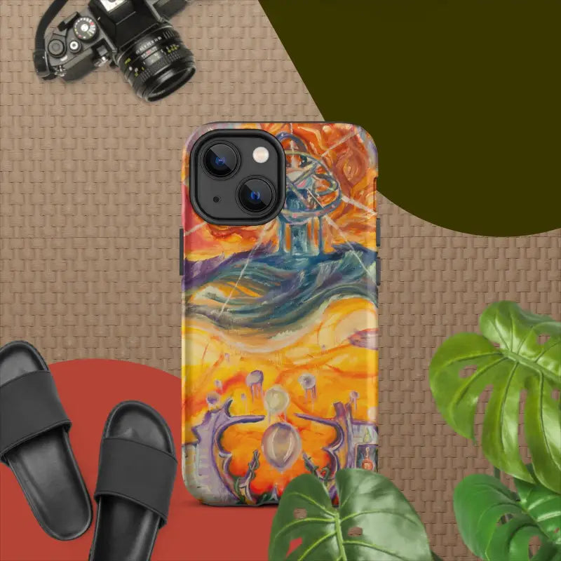 Colorful artistic tough case featuring abstract floral design in orange, blue, and yellow