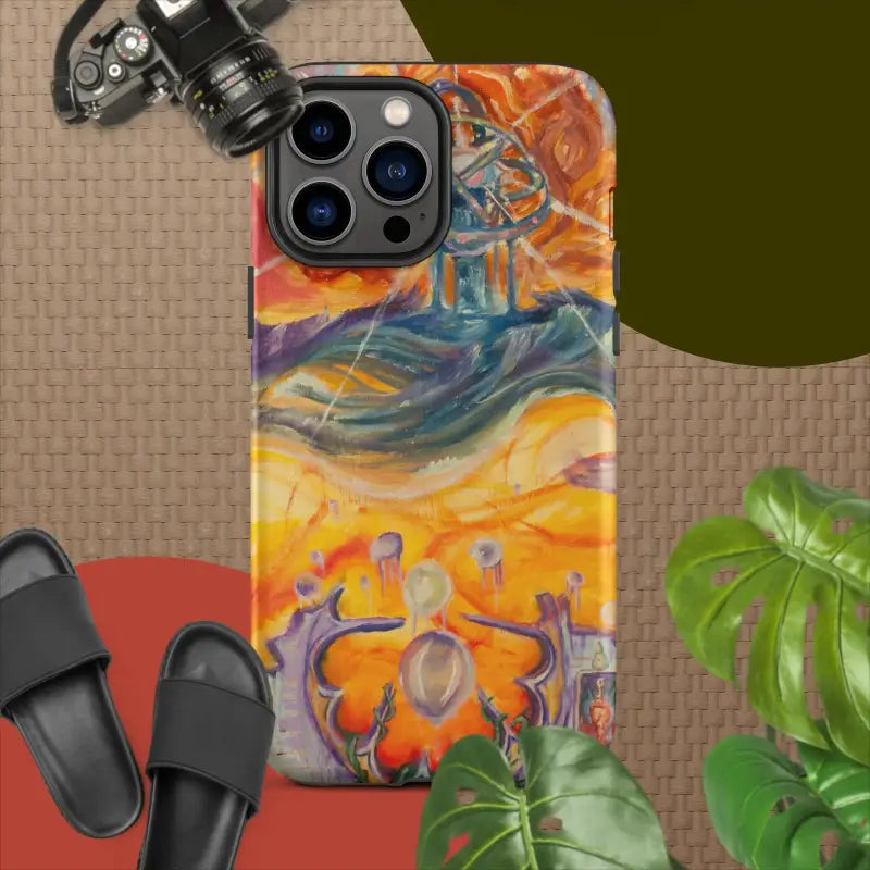 Colorful abstract art phone case featuring cosmic swirling designs for tough protection