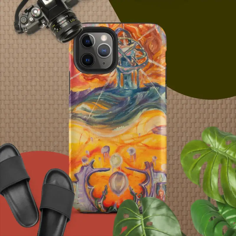 Colorful iPhone tough case art by Matthew Dye, featuring abstract dancing figures and swirls