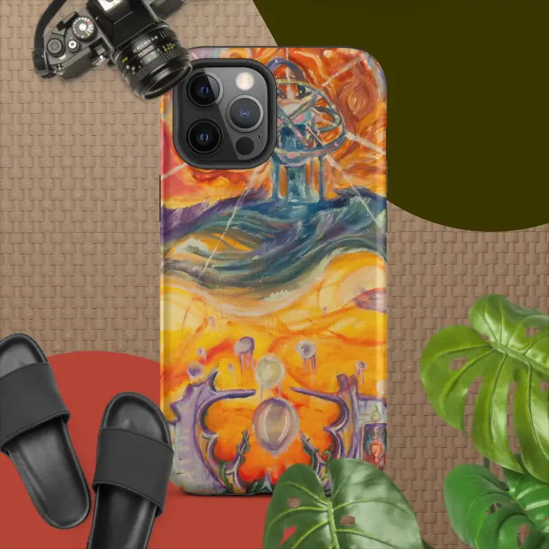 Colorful iPhone case by Matthew Dye showcasing dancing figures, embrace cosmic beauty design