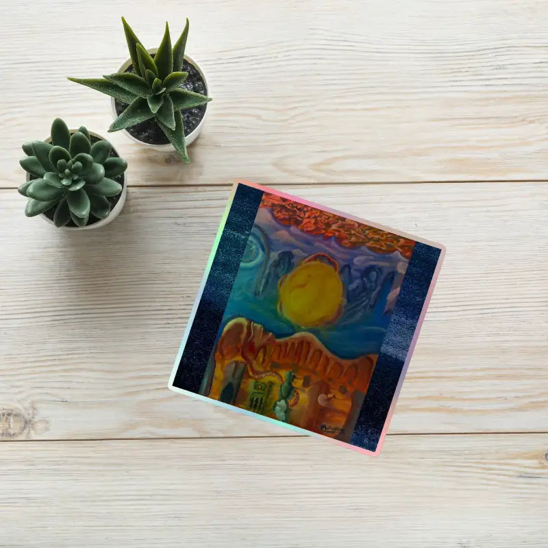 Colorful holographic stickers depicting a desert landscape and bright sun art