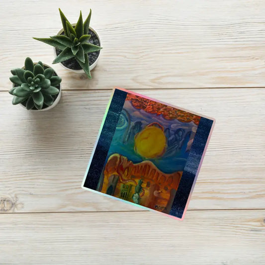 Colorful Cosmic Horizons Art Sticker depicting a desert landscape with holographic details