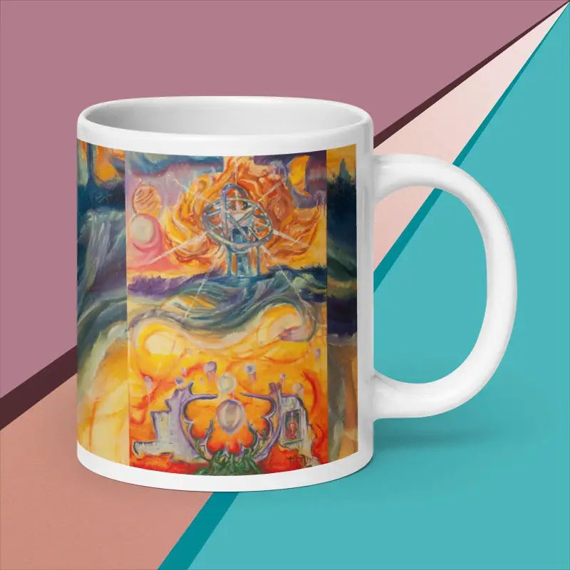 White glossy ceramic mug with cosmic artwork featuring flames and celestial elements