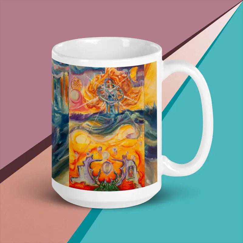 White glossy mug featuring colorful mystical art with flames and figures