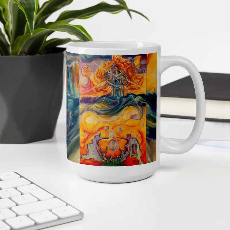 White glossy mug with cosmic abstract artwork in vibrant orange, blue, and yellow patterns