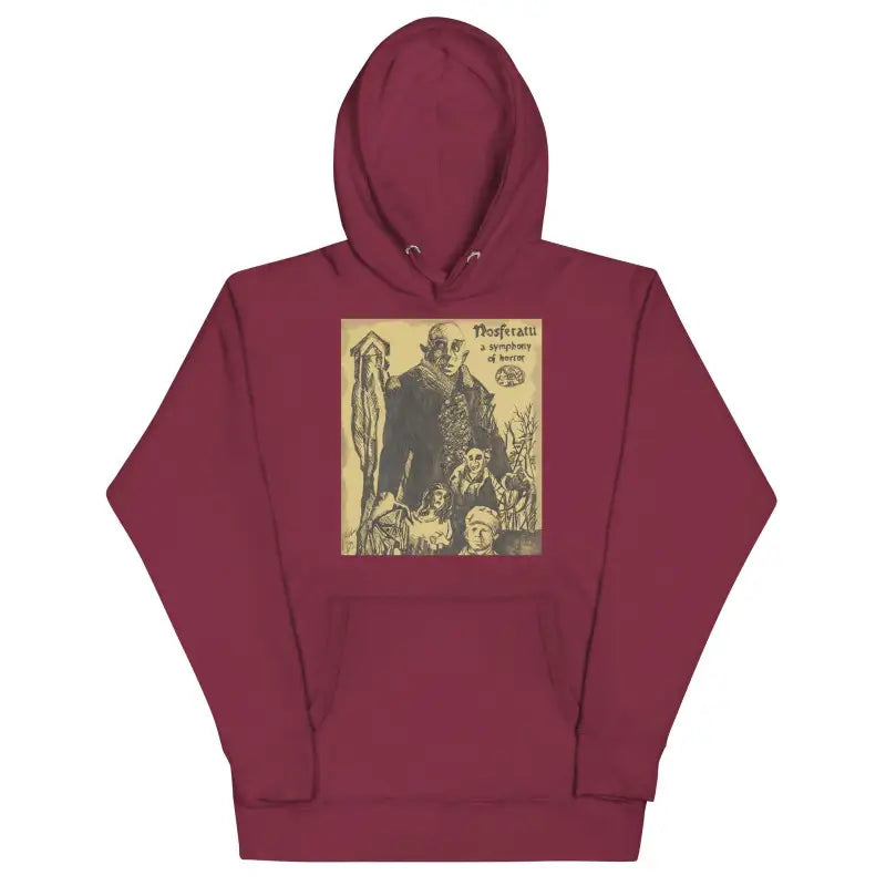 Burgundy Nosferatu hoodie featuring soft and comfortable vintage Halloween art design