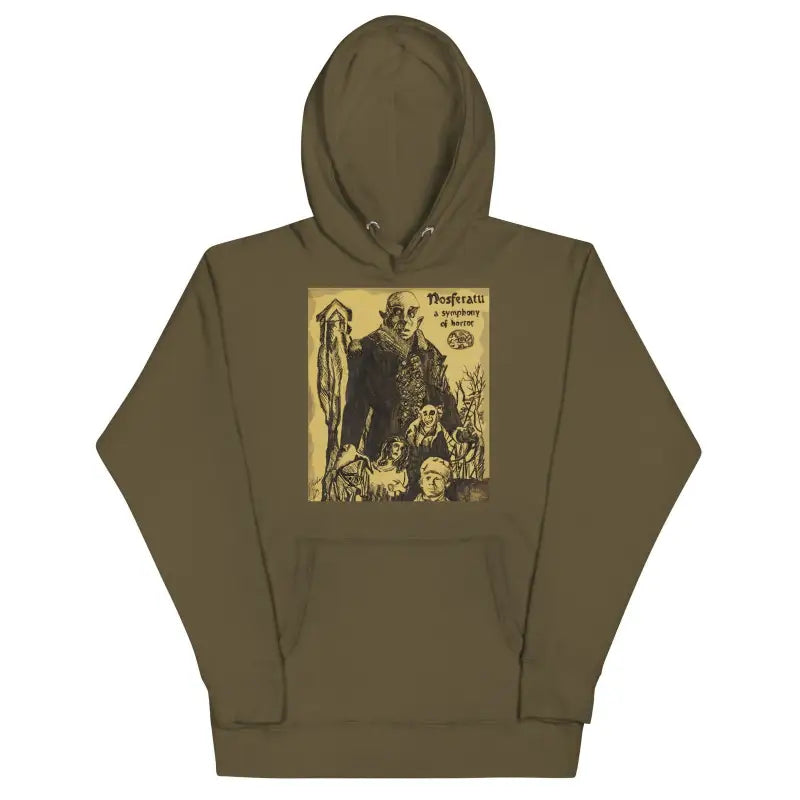 Olive green Nosferatu hoodie featuring vintage Halloween art inspired by cult classic horror