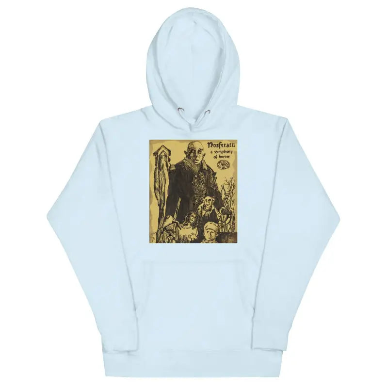 Light blue Nosferatu hoodie by Matthew Dye Art featuring vintage gothic artwork